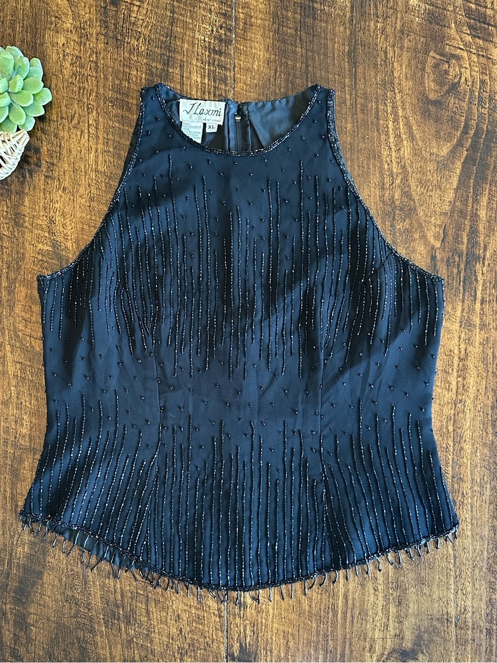 J. Laxmi | VTG Beaded Sleeveless Top Halter Neck Black, Retro Glam, Size XL